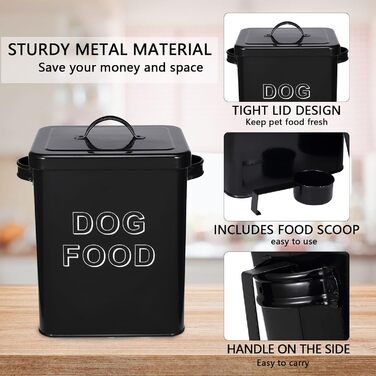 Контейнер для корму для собак, 5л, з кришкою та мірною ложкою, герметичний, білий, для сухого корму, снеків, для дому (441-Dog-Black)