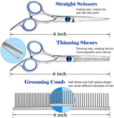 Набір професійних ножиць для грумінгу собак та котів, нержавіюча сталь, 6 дюймів, ножиці для розрідження, вигнуті