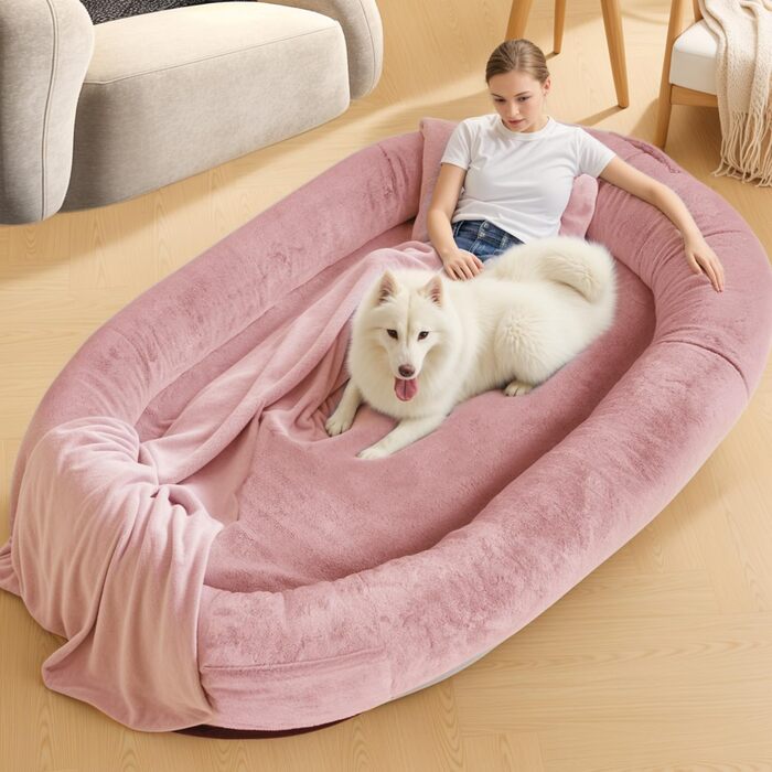 Ліжко для собак та людей NESTROAD, 180x114x35 см, рожеве. Зручне ліжко-мішок з штучним хутром, ковдрою та подушкою.
