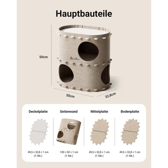Будиночок-печеринка для котів DownyPaws з фетру, 2-ярусне ліжко для котів, 50 x 33 x 50 см, затишний дизайн, захист кігтів, бежевий
