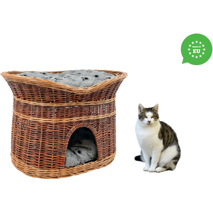 Плетений котячий кошик для сну 70 см, двоярусний, з сірою подушкою, для котів і собак, лакована верба