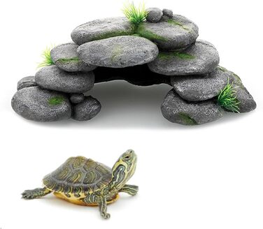 Печера для акваріума Bebochoi, декор для акваріума великий, печерна декорація з зеленою травою, аксесуари для черепах, для риб та креветок, укриття, декор з гірського каменю, 23 x 12.5 x 7.5 см