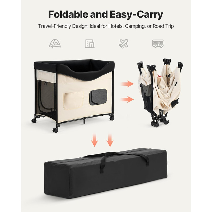 Підвищене ліжко для домашніх тварин VEVOR (XL), складне ліжко для собак з тканини 600D Oxford та голландського оксамиту, портативне дитяче ліжко з колесами та боковими кишенями, бежеве