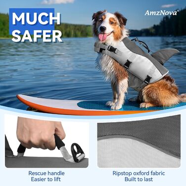 AMZNOVA Жилет для плавання собак 'Shark', з плавниками та хвостом акули, рятувальний жилет для собак, для катання на човні, допомога у плаванні, L, Сірий (66-81 см)