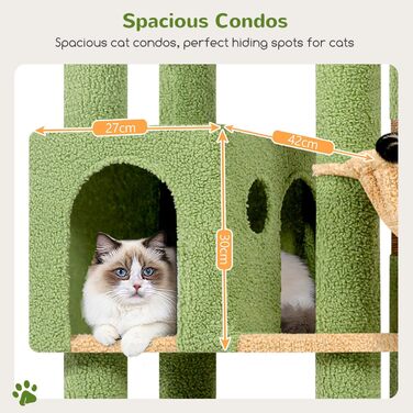 Драбина-будинок для котів Globlazer XL, 167 см, зелена, з платформами, корзиною та іграшками. Стабільна для 2-4 котів.