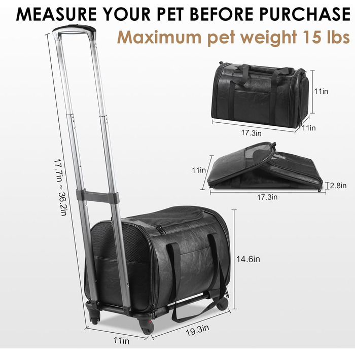Сумка-переноска для тварин з екошкіри на колесах, для собак та котів до 6,8 кг, підходить для авіаперельотів, кемпінгу (чорна)