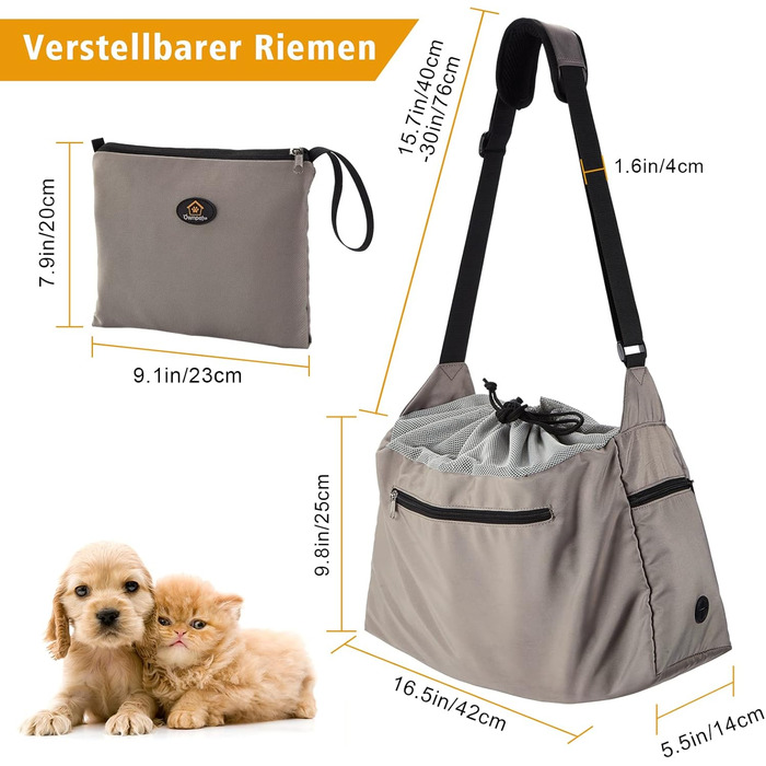 Сумка-переноска для собак Ownpets, сіра, до 6 кг, з регульованим ременем та кишенями, 42x25x14 см