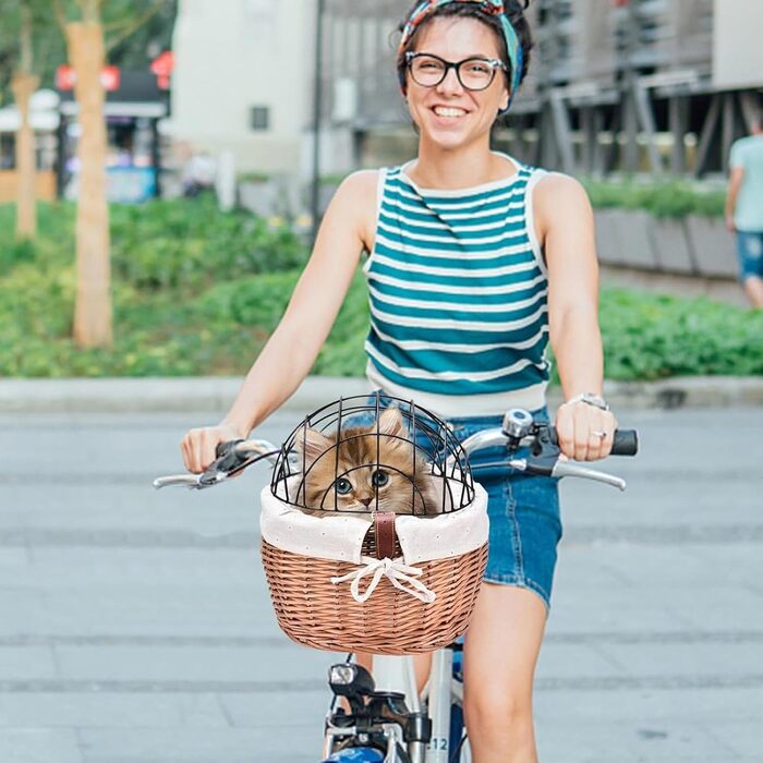 Фарбований кошик для домашніх тварин на велосипед, плетені кошики для котів, велосипедні кошики з лози з металевим покриттям, знімний переносник для собак на велосипед, передній безпечний кошик для тварин (Колір: Натуральний)