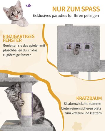 Великий котячий будиночок-кліматизатор, 193 см, XXL, 7 стовпчиків для дряпання, 3 будиночки, 2 платформи, 2 іграшкові кульки, кошик, мотузка для лазіння, багатоповерховий, сірий, MS19218LG