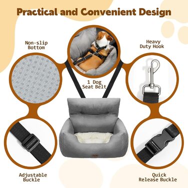 Автомобільний лежак для собак - переноска для маленьких собак до 20 кг з ременем безпеки, сірого кольору