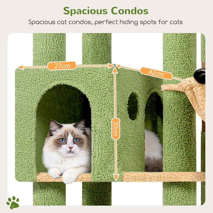 Драбина-будинок для котів Globlazer XL, 167 см, зелена, з платформами, корзиною та іграшками. Стабільна для 2-4 котів.