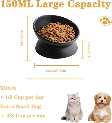 Підвищений годівниця для котів, кераміка, піднятий та нахилений годівниця, проти блювоти, без стресу, для котів та маленьких собак, 150 мл, чорний, 1 шт.