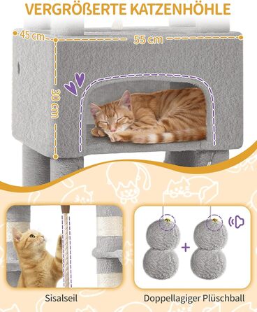 Кігтеточка для котів Hzuaneri, 176 см, XL, 3 платформи, 2 печери, 7 стовпчиків, гамак, плюшеві кульки, для багатокотових сімей, MS17618SG (Світло-сірий)