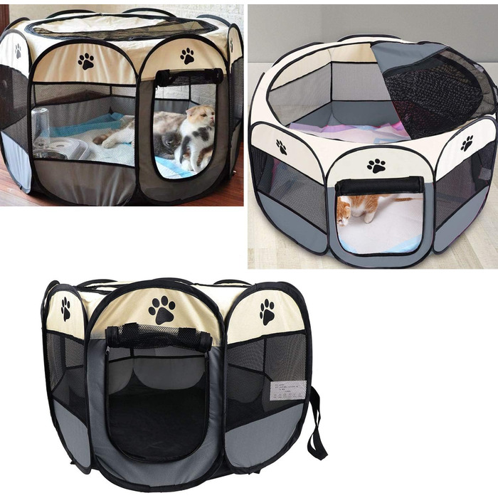 Переносний розкладний вольєр для тварин Coolty, 8-панельний, для собак, котів, кроликів та дрібних тварин, 91 x 91 x 58 см (Бежевий + Сірий)