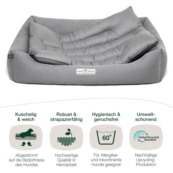 Ортопедичне екологічне ліжко для собак HOUND & NATURE Bern XXL 125x95 см, м'яке, світло-сіре, для великих порід, двостороння подушка, знімний чохол, пране