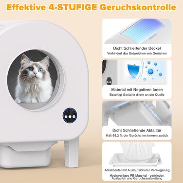Автоматичний лоток для котів з камерою, 90л, самоочисний, для кількох котів, без запаху, з датчиками, керування через додаток, захист від защемлення