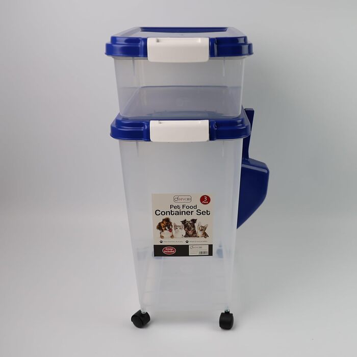 DIVCHI Контейнер для зберігання корму для тварин 3в1 з мірною ложкою, синій. Підходить для собак, котів та інших тварин. Герметичний, з роликами, для сухого корму.