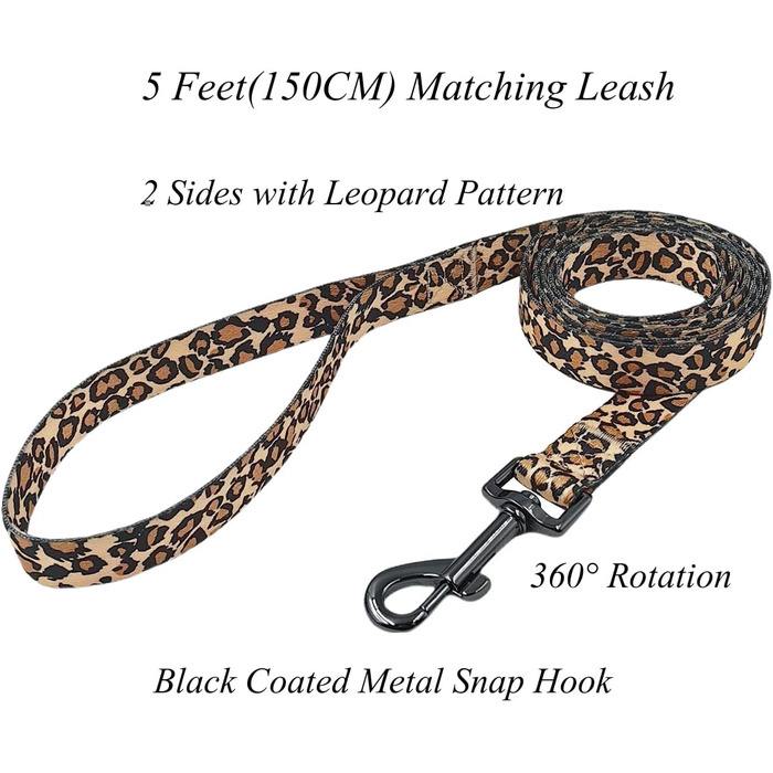 Набір для собак Olahibi: повід та нашийник, леопардовий принт, поліестер, 150 см, для маленьких собак (розмір S, коричневий леопард)