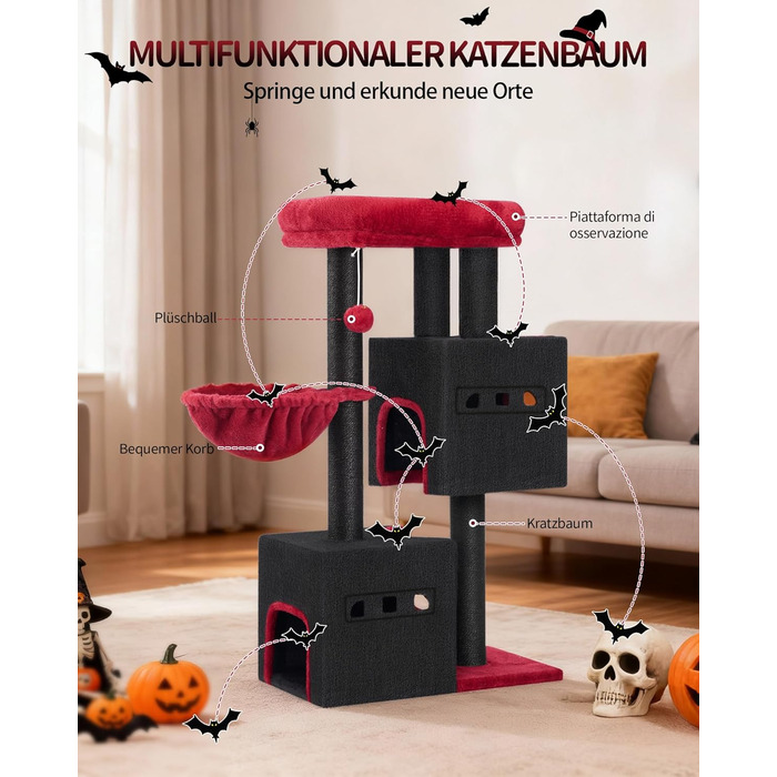 Дерево для кігтів Hzuaneri, 98 см, зі стійкою основою, з лежаком, будиночком для котів, сизалевими стовпчиками, кошиком та іграшками, меблі для котів, ігровий комплекс, MS07618LG (55 x 30 x 98 см, Чорний/Червоний)