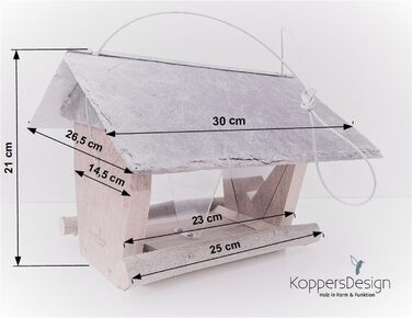 Силосна годівниця для птахів Koppersdesign, підвісна, водостійка, FSC-тверда деревина, шиферний дах, люксова ручна робота, дві камери для корму