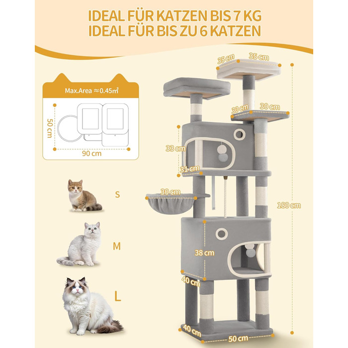 Кігтеточка для котів Hzuaneri, 159 см, з 8 стовпчиками, 3 платформами, 2 ховалами, корзиною, плюшевими кульками, мотузкою з сизалю, підходить для котів різних розмірів, MS15918LG (XL, світло-сірий)