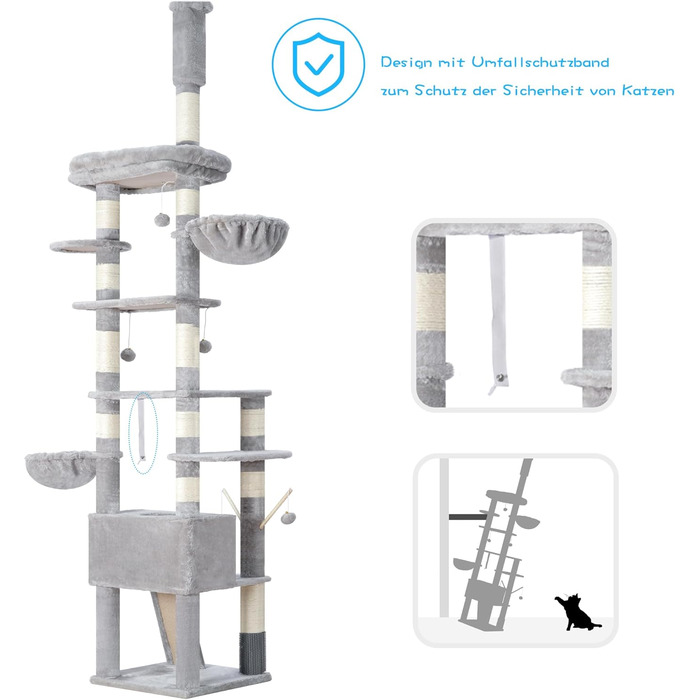 Котячий будиночок Hey-brother Kratzbaum: регульований котячий комплекс 250-280 см, до стелі, для великих котів, з гніздом, сірий, 0MPJ091W