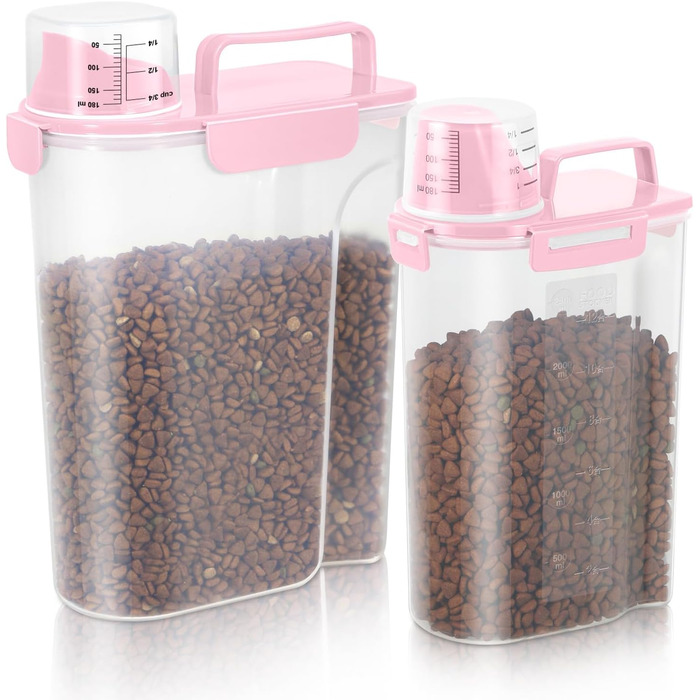Контейнер для корму для собак 3/2,3 кг, велика насадка, BPA-free, пластиковий контейнер для корму для тварин з 4 герметичними закриттями, 1 мірний стакан та ручка, легкий, світло-рожевий (3 л + 5 л)