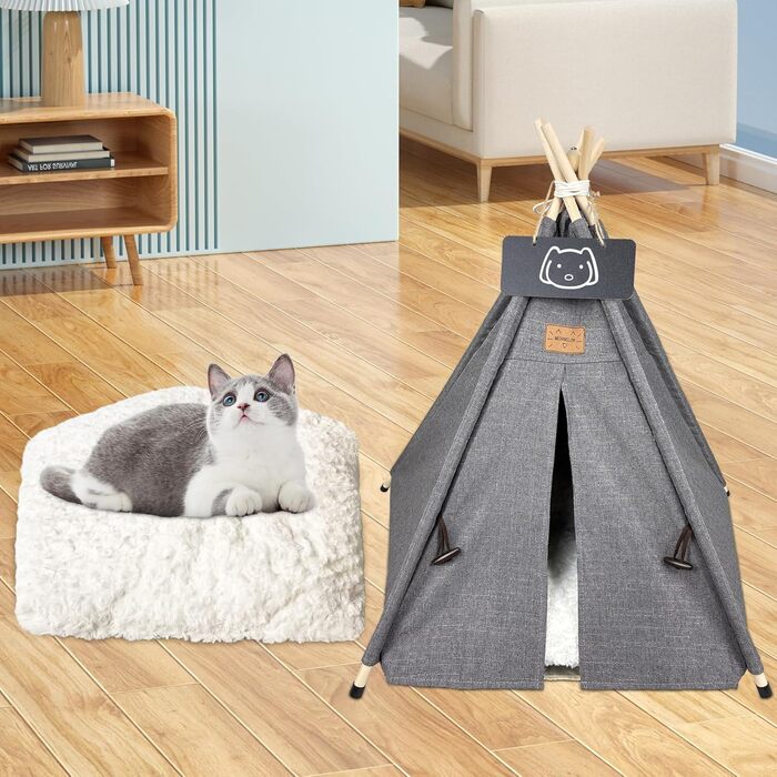 Намет для тварин Tipi: будиночок для собак та котів з м'яким лежаком (60x60x70 см, сірий)