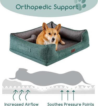 Ортопедичне собаче ліжко Hollypet для середніх собак, зелене, 81.3 x 61.3 x 32 x 24 см. Знімний, водонепроникний, миючий чохол та антиковзаюча підкладка.