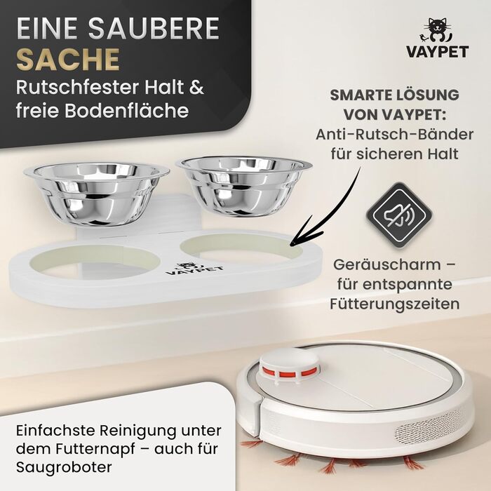 Підвищений годівниця для котів VAYPET® з силіконовим клеєм для кріплення на стіну без свердління. Плавучий годівниця для котів для зручного положення. Надійний годівниця з нержавіючої сталі білого кольору.