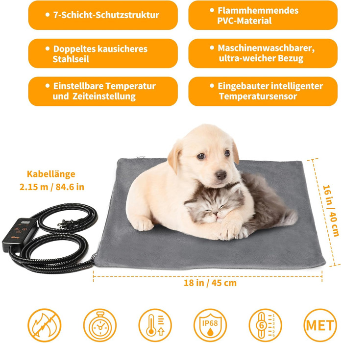 Електричний килимок для котів та собак Toozey, 45x40 см, регулювання часу та температури, безпечний, теплий, сірий
