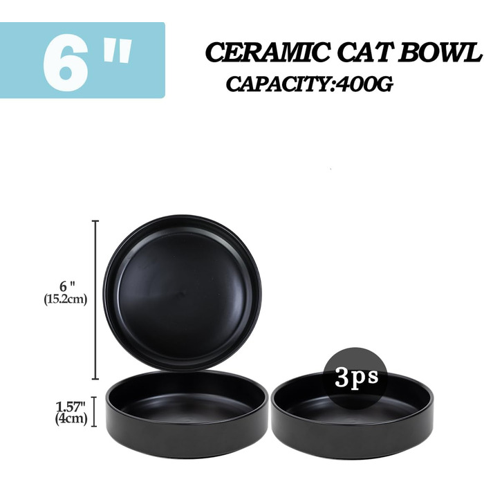 Набір мисок для котів з кераміки, 3 шт. - миски для котів та кошенят, 15*4 см (чорний)