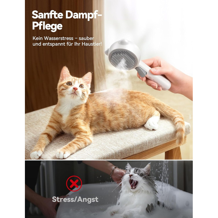 Щітка для котів FEELNEEDY з парою, електрична щітка для котів з кнопкою випуску води, резервуар для води, для котів з довгою та короткою шерстю та собак, USB-зарядка, двошвидкісна функція розпилення (біла)