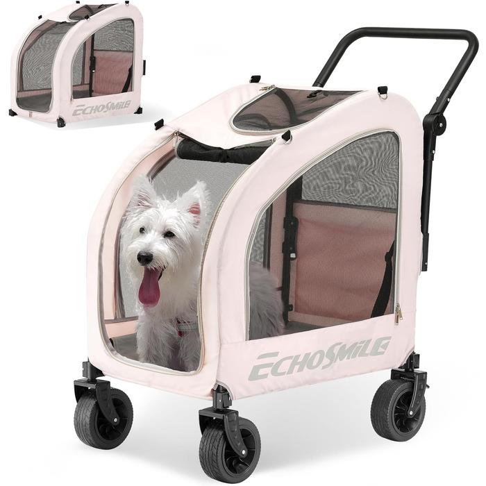 Візок для собак EchoSmile для маленьких та середніх собак до 20 кг, позашляховий, складний, з подвійним гальмом, ремені безпеки та сітчасті вікна (Рожевий)