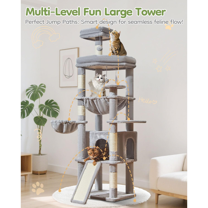 Дерево для котів Taoqimiao 183 см, велике XXL, з будиночком, гамаком, стійке, сірого кольору MS045W