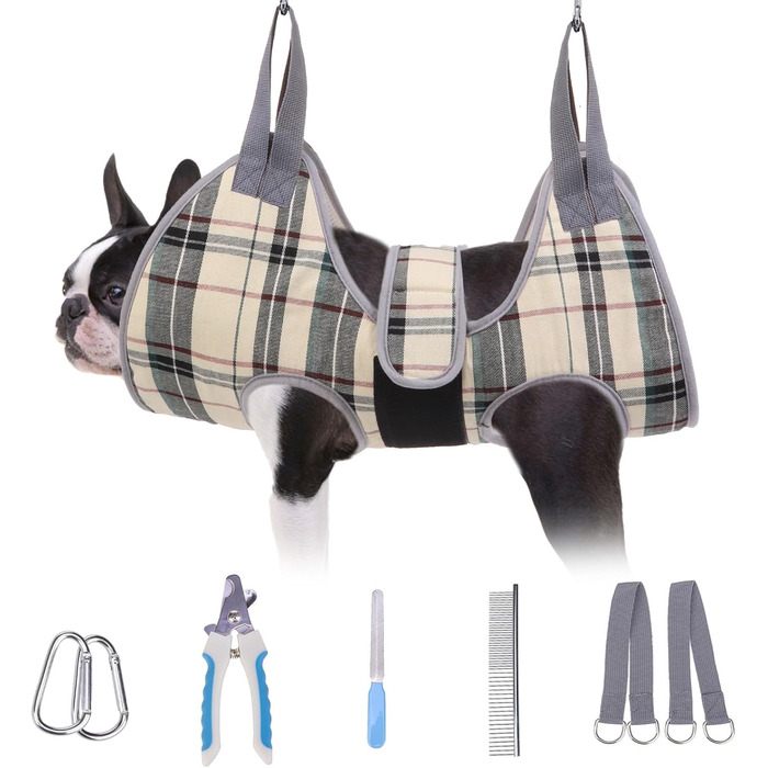 Гамак для грумінгу собак BEAUTYZOO з регульованою шлейкою та сталевим гребінцем, фіксатор для догляду за тваринами для підстригання нігтів та укладки, ідеальний підвісний гамак для собак для безпечного та безстресового догляду XS (Простір між ніжками: 1.8