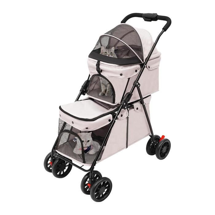 Двоповерховий візок для собак, складаний візок для котів з ременями безпеки, гальмами, вантажопідйомність до 15 кг на кожному поверсі, для собак та котів середніх та малих порід, сірий