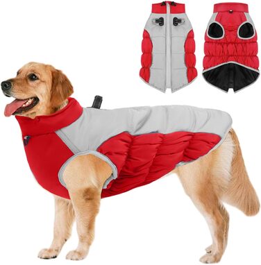 Зимовий теплий одяг для великих собак, XL-5XL. Червоний зимовий теплий одяг для собак, великих порід, з відбиваючими елементами, для снігу, з високим коміром.