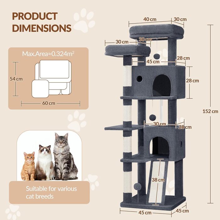 Котячий будиночок Kratzbaum 178 см, великий, стабільний з когтеточками, лежаками та платформами, сірий