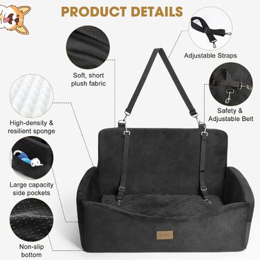 Автокрісло для собак JOEJOY - велике, для середніх та 2 маленьких собак до 25 кг, знімний чохол, Memory Foam, з ременями безпеки