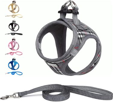 Нашийник для собак маленьких порід з повідком, анти-тягнучий, світловідбиваючий, дихаючий, нагрудник для цуценят (S, обхват грудей: 29-33см) (Сірий в клітинку, XL (обхват грудей: 46-53см, вага: 8-10.5кг))