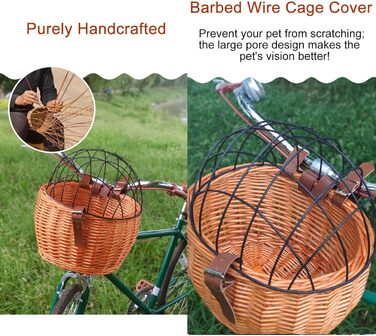 Кошик для тварин на велосипед, плетіння з лози, переноска для собак і котів, передній велосипедний кошик з сіткою, легкий знімний кошик для зберігання, ротанг, коричневий