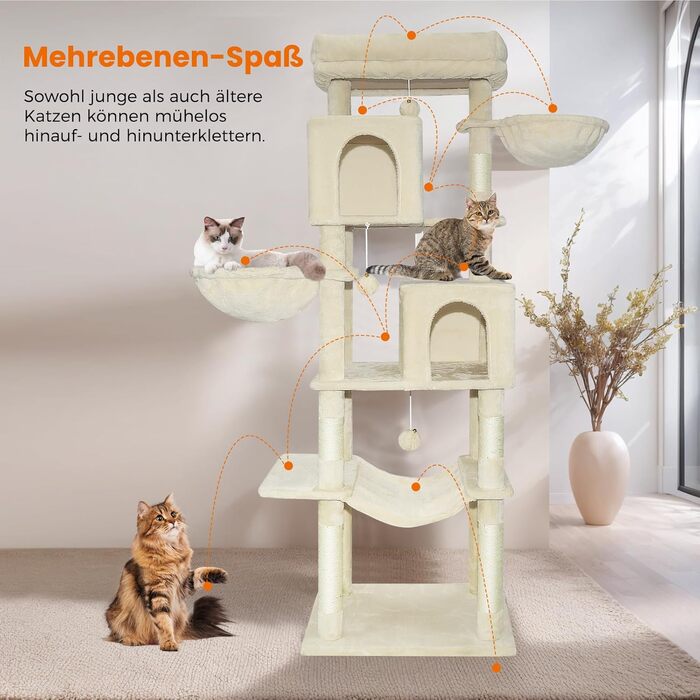 Котячий комплекс LEEJARD XXL: великий дерев'яний будиночок з платформами, когтеточками, будиночком, гамаком, іграшками та захистом від перекидання (180 см, бежевий)