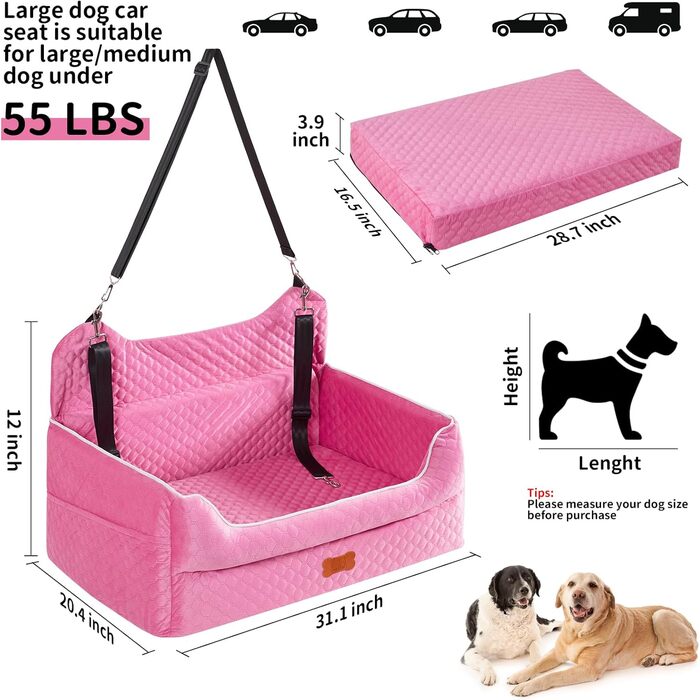 Автокрісло для собак великих та середніх порід – підйомник з memory foam для собак вагою до 25 кг або 2 маленьких собак, знімний та пральний лежак з товстим матрацом та кишенями для зберігання, Рожевий, Large Pink