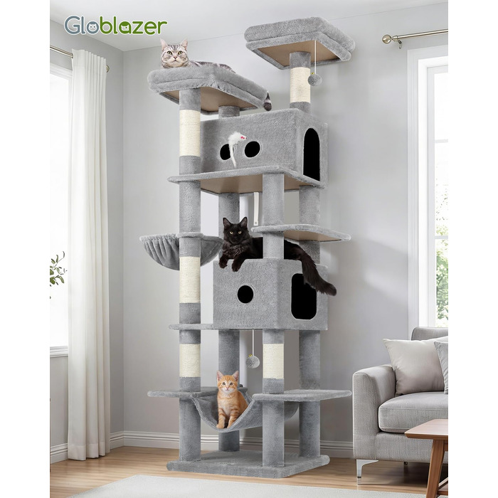 Комплекс для котів Globlazer XXL (204 см) для 3-5 великих котів, колір світло-сірий: будиночки, платформа, гамак, кошик, іграшки