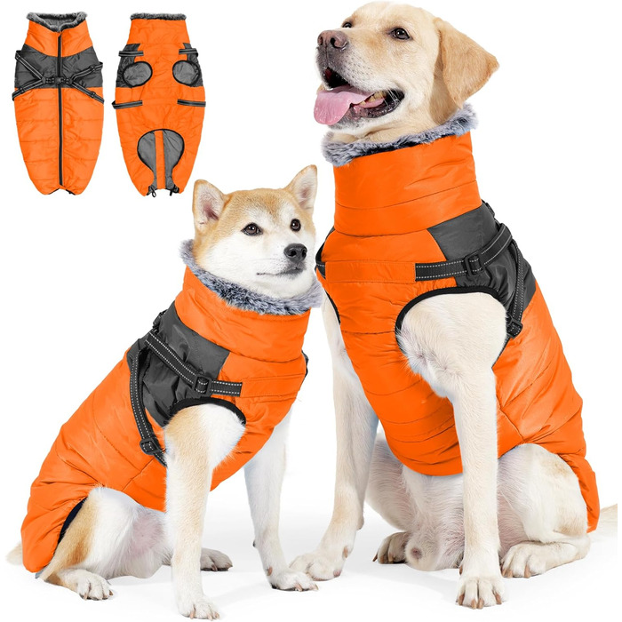 Зимовий теплий пуховик для собак, водонепроникний та вітронепроникний, з інтегрованим шлейкою, світловідбиваючими елементами та блискавкою - ідеальний для холодної погоди та снігу (Помаранчевий, S)