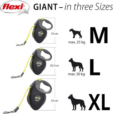 Рулетка для собак Flexi Giant M, 7,9 м, до 25 кг, чорна/неонова, ергономічна, міцна, без заплутування