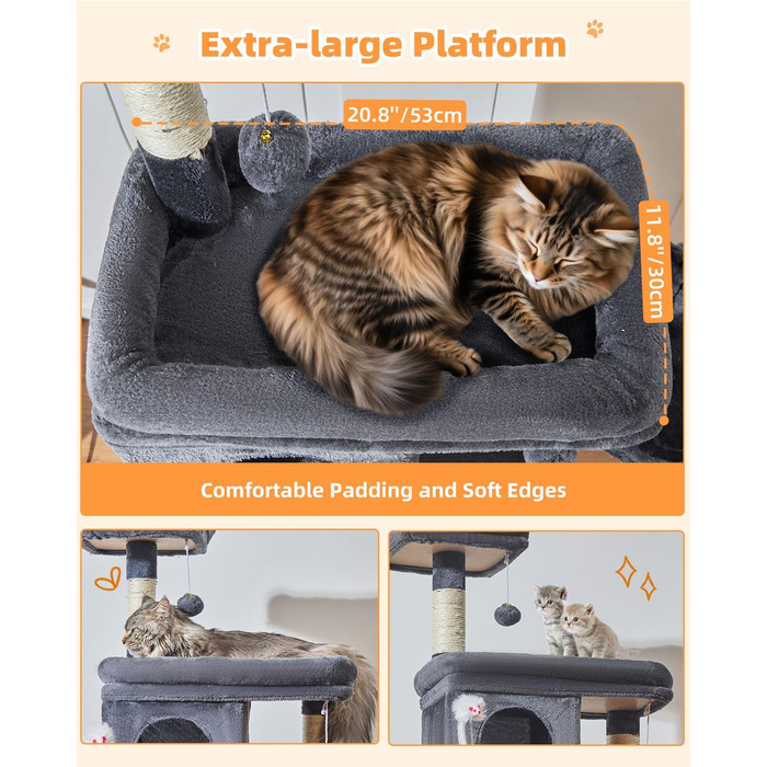 Котячий комплекс Taoqimiao MS044W сірий: 190 см, багатоярусний, з 2 будиночками, гамаками та 8 стовпчиками для дряпання