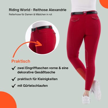 Верхні штани для їзди на конях Riding World Alexandrie для жінок та дітей | Еластичні штани з накладкою на колінах | з кишенями спереду | Легінси для верхової їзди в шести кольорах | Одяг для верхової їзди розмір 104-176 та 32-44, Зелений (38, Червоний)