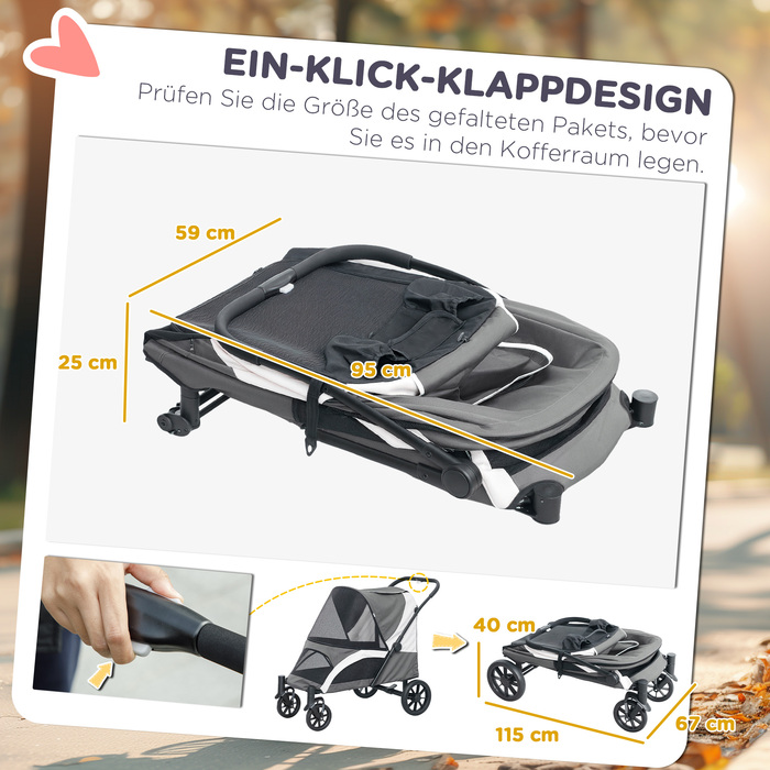 PawHut Dog Stroller Dog Buggy Foldable для великих собак і кішок до 30 кг Cat Buggy з подушками Сітка Вікна Двері Сумка для зберігання Котяча коляска з тросами безпеки, гальмами, баггі Темно-сірий | Аосом